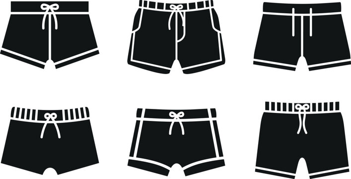 Men swimming shorts vector icon set with summer beach trunks and drawstring athletic wear silhouettes for apparel design elements