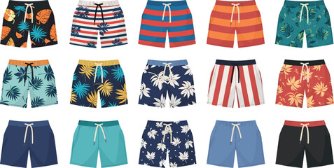 Men swimming trunks vector illustration bundle featuring colorful summer beach shorts with tropical floral patterns and stripes © ISMOTARA