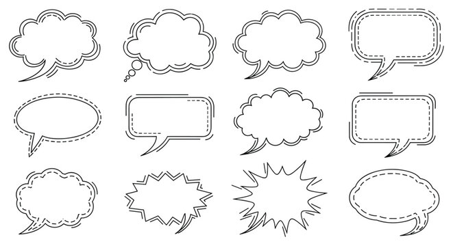 Large collection of diverse speech and thought bubble outlines with various shapes and dashed line accents for comics.