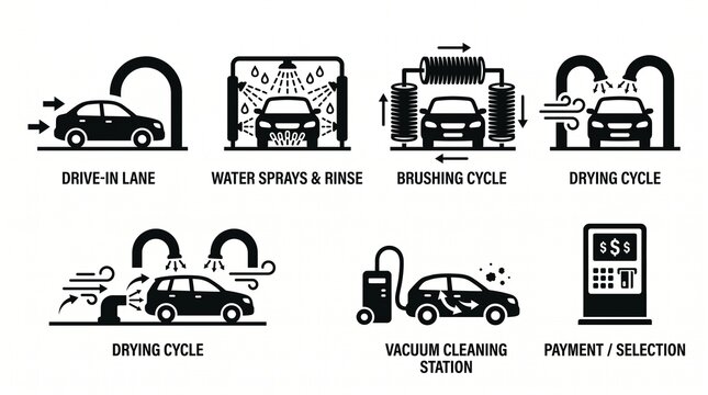 Automatic car wash service process steps infographic icon set with automatic