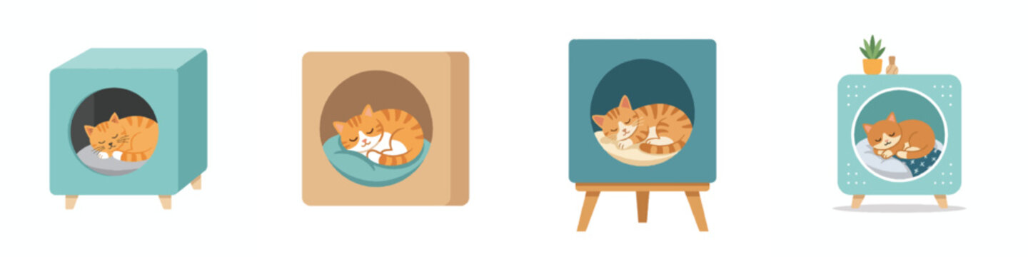 A modern flat design of a cat sleeping inside a stylish, minimalist cat condo cube. No outline, simple vector illustration, bright and clean colors, plain white background.
