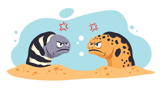 Two angry moray eels poking their heads out of the sand and staring at each other with cross expressions, creating a humorous underwater scene.