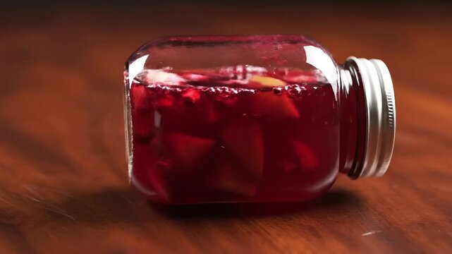 Closeup of a jar of homemade berry jam on a wooden table.
