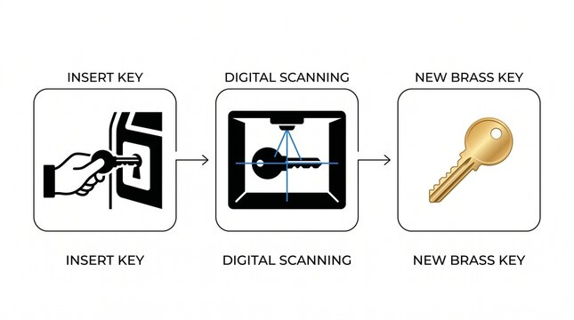 Digital key copying service process workflow steps icon with duplication