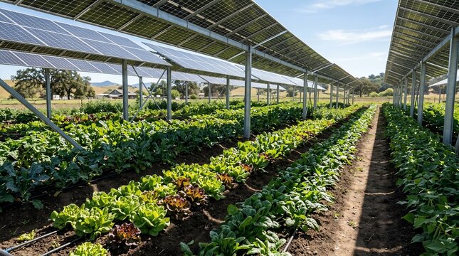 Agrivoltaic system combining solar panels and organic vegetable farming.