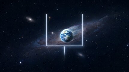 Earth orbited by galaxies and stars flies through space towards goal posts representing interplanetary competition or cosmic championship game.