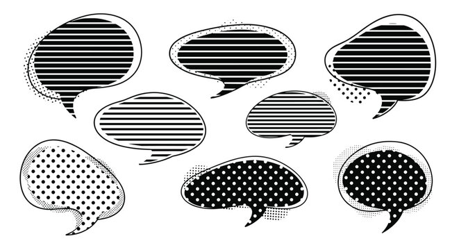Collection of eight speech bubbles with black and white patterns like horizontal lines and polka dots, creating a retro halftone or comic book feel.