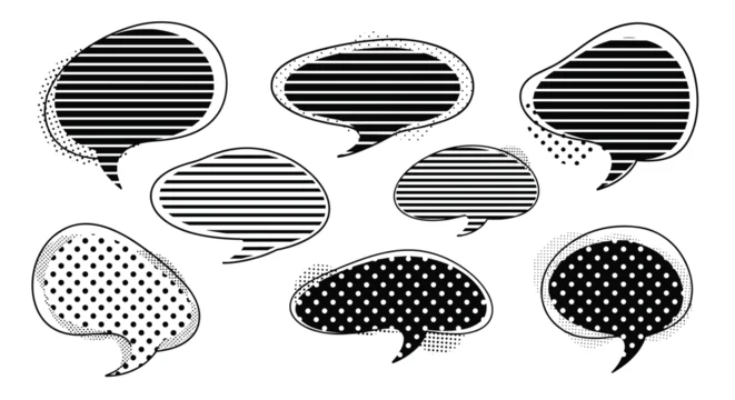 Collection of eight speech bubbles with black and white patterns like horizontal lines and polka dots, creating a retro halftone or comic book feel.