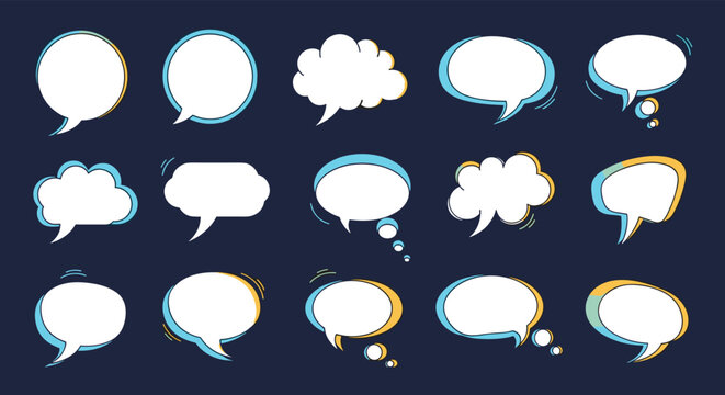 Set of comic book speech bubbles and thought clouds in various shapes with blue and yellow accents on dark background.