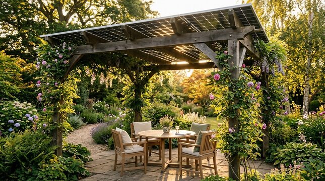 Beautiful rustic wooden pergola in a lush green backyard garden.