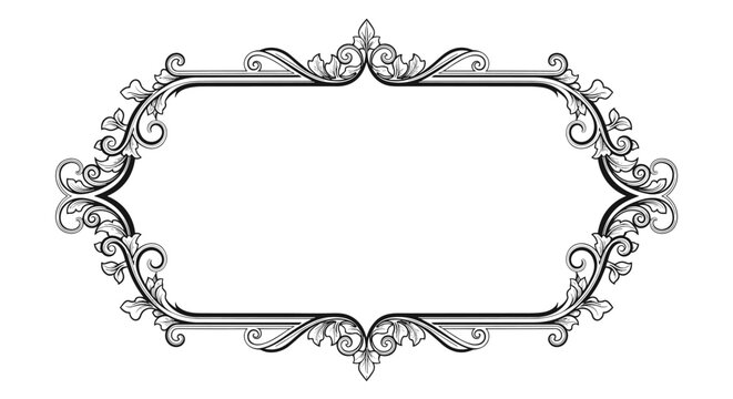 Elegant horizontal black and white floral frame with intricate swirls and leaf patterns for formal or vintage designs.
