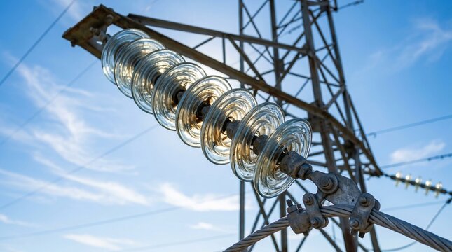 Close up of high voltage glass insulators on an electric power transmission tower.