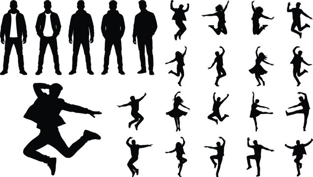 Large silhouette collection of people in various poses featuring standing men in casual jackets and dynamic dancers jumping vector set