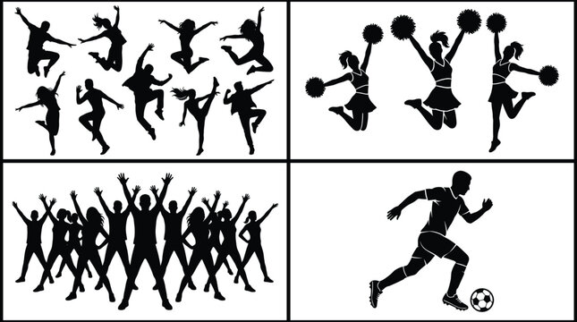 Silhouette collection featuring active dancers jumping cheerleaders with pom poms celebrating crowd and a soccer player running vector set