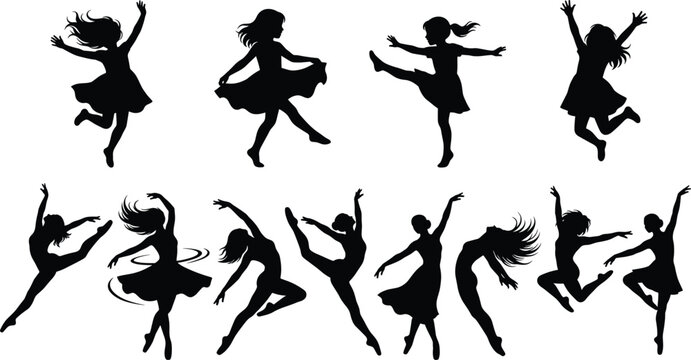 Silhouette collection of dancing girls featuring joyful kids ballet dancers jumping spinning and performing graceful choreography set