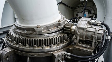 Obraz premium Close-up of wind turbine yaw drive mechanism and gear system.