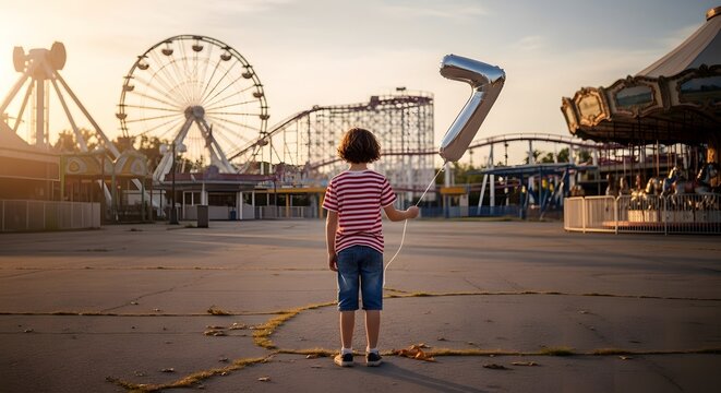 Young boy standing alone in empty amusement park holding silver number seven shaped balloon looking at ferris wheel and roller coaster during golden hour sunset lighting.