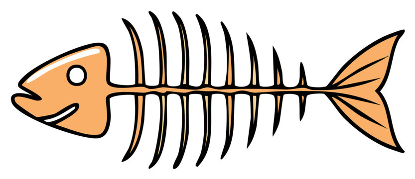 Cartoon fish skeleton illustration, simple drawing of a fish bone with an open mouth and fin