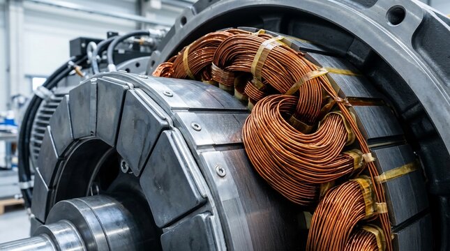 Close-up view of an electric motor stator with copper windings.