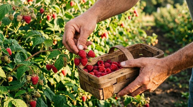 Hands carefully harvest sweet, ripe red raspberries from a lush bush, collecting the fresh, organic fruit into a rustic wooden basket on a bright summer day in a vibrant berry farm