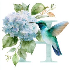 Fototapeta premium Visual art displays the letter H with a hummingbird sipping from a hydrangea cluster in soft blue and green tones on a plain background.