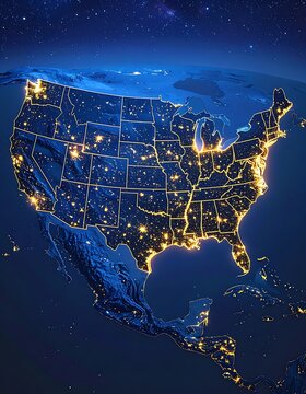 United States map with glowing city lights.