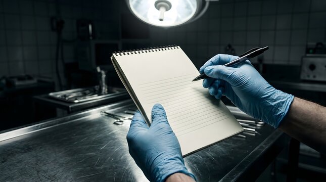Forensic scientist holding open notebook and writing notes in dark mortuary room.