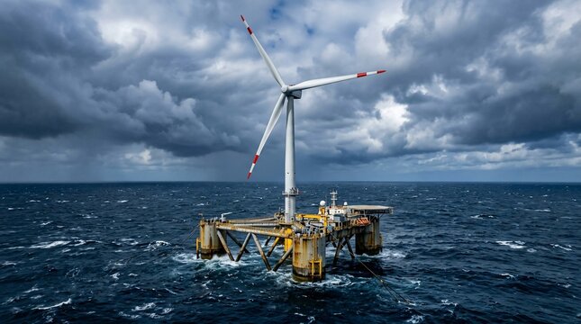 Floating offshore wind turbine structure in the open ocean under a dramatic cloudy sky.