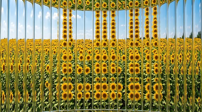 Sunflowers in a field framed by structural vertical glass dividers with sunflower structure botanical