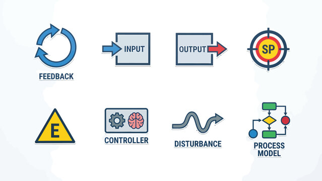 Industrial process control system icons set, including feedback, input, output, setpoint, controller, disturbance, and process model.
