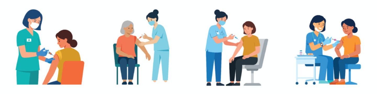 A nurse carefully administering a vaccine shot to a patient's arm, flat design, minimalist, no outline, modern bright colors, plain white background, clean lines.
