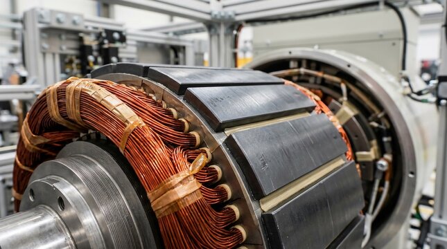Industrial electric motor stator with copper windings and rotor magnetic core.