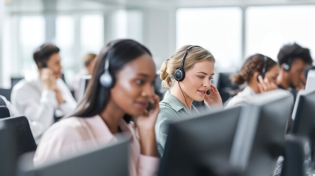 Busy customer service desk, diverse team focused on tasks