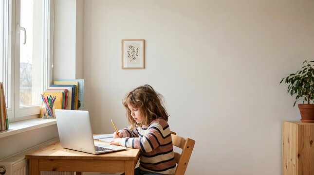 Child learning online at home desk, writing in notebook with laptop nearby