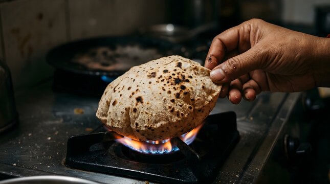 Hand holding traditional indian roti flatbread over open blue gas stove flame for puffing.