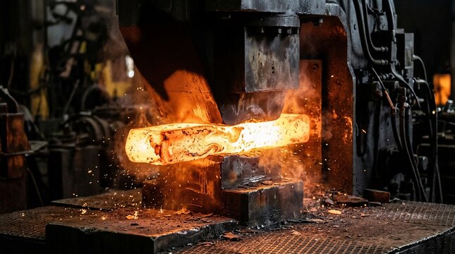 Industrial metal forging process with glowing hot steel billet.