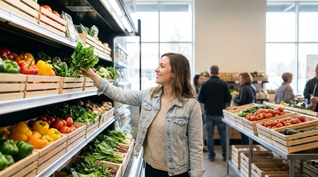 Woman selecting fresh greens at a grocery store produce aisle, healthy shopping concept