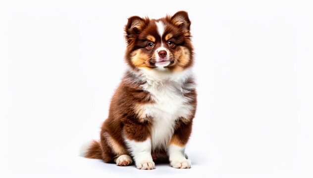 Fluffy Pomsky Puppy Sitting Pretty: A captivating Pomsky puppy with striking brown and white fur, bushy tail, and alert ears sits attentively, exuding an irresistible charm and cuteness.