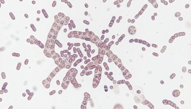 Microscopic view of Candida Albicans: Close-up, high-magnification view of Candida albicans yeast cells, showing their characteristic budding and hyphae formation, under a microscope.