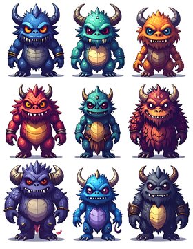 Nine colorful monsters
