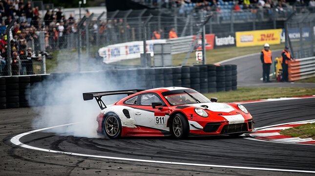 Red and white race car drifting on track with white tire smoke