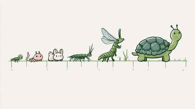 A timeline of animal life spans with cute animal characters in baby and adult stages, from mayfly to tortoise.
