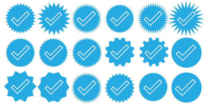 tick check icon. Blue Verified badge icon set. Blue tick check with social media account icon. blue verified icon, social media account verify icons. Blue Verified badge icon set. EPS 10.