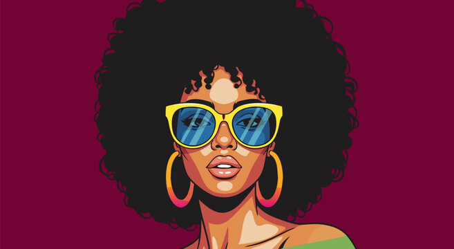 Vibrant vector illustration of a woman with an afro and sunglasses, celebrating style and individuality