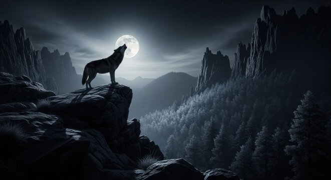 Lone wolf howling at the full moon on a mountain peak