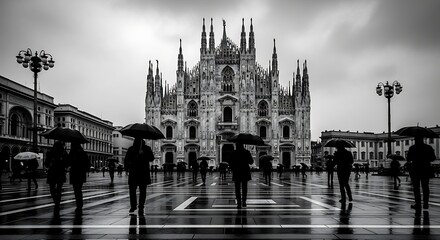 Obraz premium Rainy day in a grand city square with iconic cathedral
