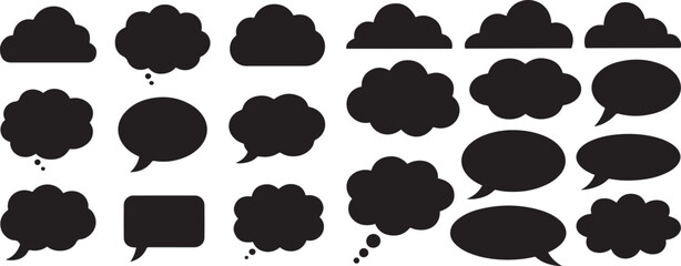 Fototapeta premium A set of silhouettes of clouds and black speech bubbles of various shapes and sizes on a white background. silhouette vector illustration