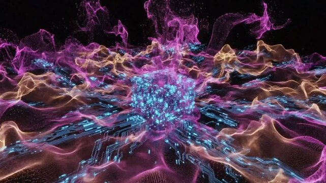 Abstract digital cube surrounded by vibrant energy particles in a glowing cyber space representing technological advancement