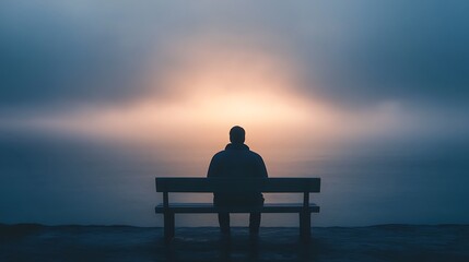Obraz premium Lonely figure on bench facing ocean at foggy sunrise, quiet contemplation and emotional healing atmosphere, cinematic coastal photography