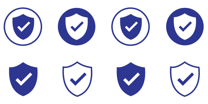 Safety shield symbols with check mark, security and protection icon set with tick mark notifications, assurance approval badge, cybersecurity confirmation and safe system interface design vector illus
